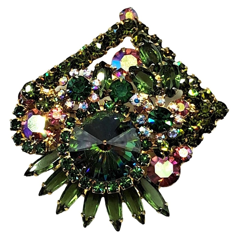 Juliana Rhinestone Rivoli Brooch Green Pink Aurora Borealis Florets DeLizza Elst